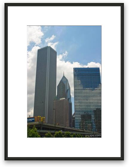 Aon Building (left), Fairmont Hotel and 2 Prudential Plaza (middle), and Swissotel Chicago (right) Framed Fine Art Print