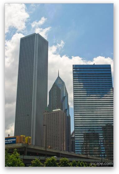 Aon Building (left), Fairmont Hotel and 2 Prudential Plaza (middle), and Swissotel Chicago (right) Fine Art Metal Print