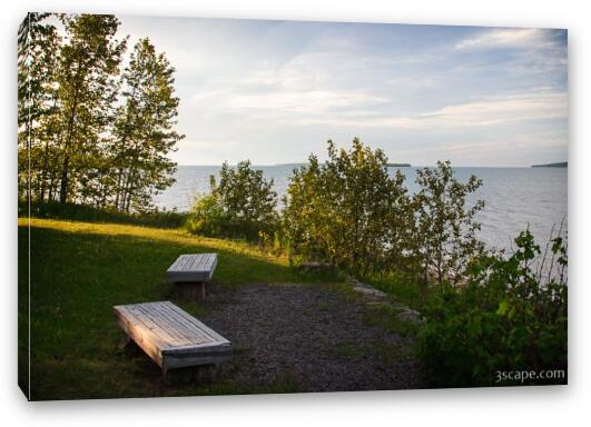 Benches looking out on Lake Superior Fine Art Canvas Print