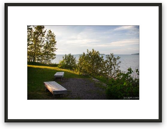 Benches looking out on Lake Superior Framed Fine Art Print