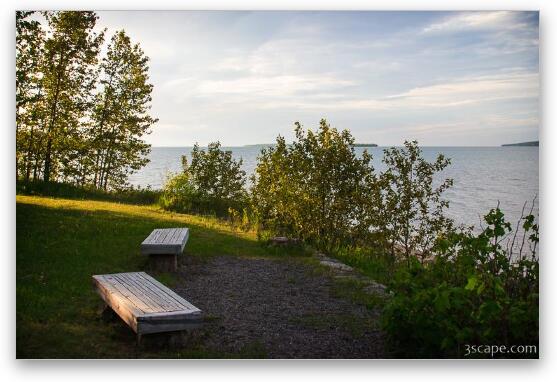 Benches looking out on Lake Superior Fine Art Metal Print