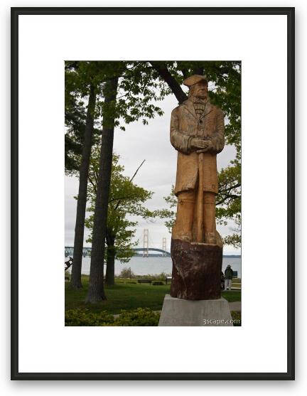Wood statue of Alexander Henry, and Mackinac Bridge Framed Fine Art Print