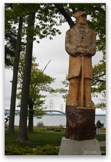 Wood statue of Alexander Henry, and Mackinac Bridge Fine Art Metal Print