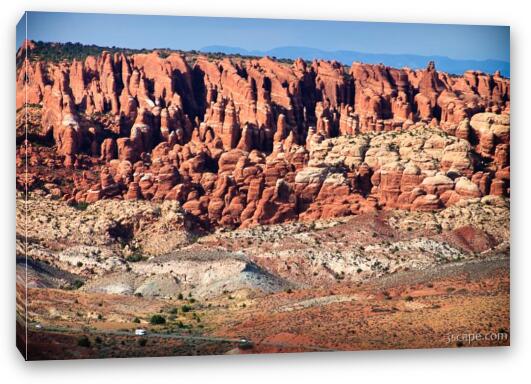 Huge rock formations in Arches N. P. (see the road on the bottom?) Fine Art Canvas Print