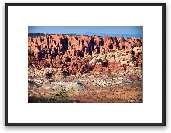 Huge rock formations in Arches N. P. (see the road on the bottom?) Framed Fine Art Print
