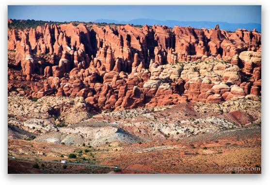 Huge rock formations in Arches N. P. (see the road on the bottom?) Fine Art Metal Print
