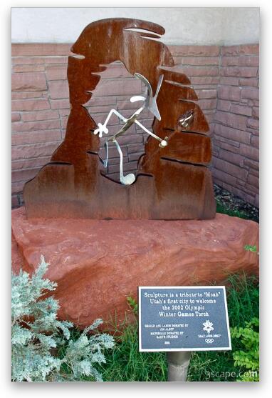 Sculpture is a tribute to Moab, Utah's first city to welcome the 2002 Olympic Winter Games Torch Fine Art Metal Print