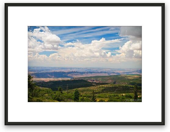 View of the desert valley from the much cooler mountains Framed Fine Art Print