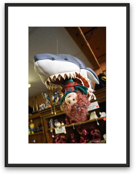 Stuffed shark eating a tourist Framed Fine Art Print