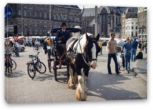 Horse and carriage at Dam Square Fine Art Canvas Print
