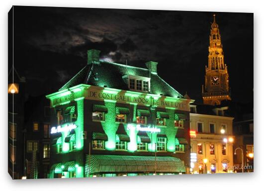 The Grasshopper bar and Old Church (Oudekerk) at night Fine Art Canvas Print