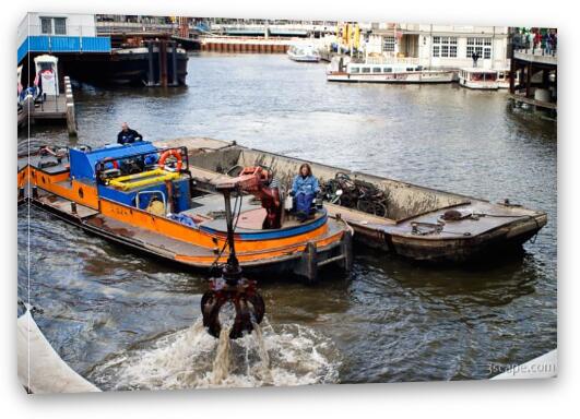 Garbage picker and barge grabbing bikes from the canal Fine Art Canvas Print