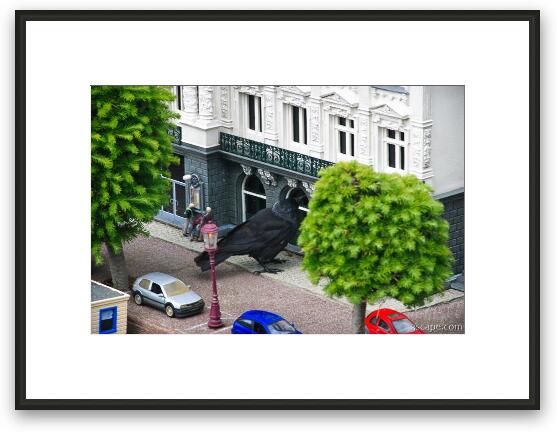 Giant crow attacking a store front Framed Fine Art Print