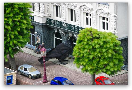Giant crow attacking a store front Fine Art Metal Print