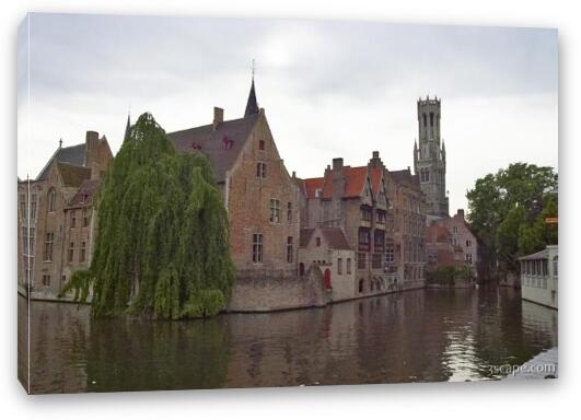 Medieval buildings and Belfry on the River Dijver Fine Art Canvas Print