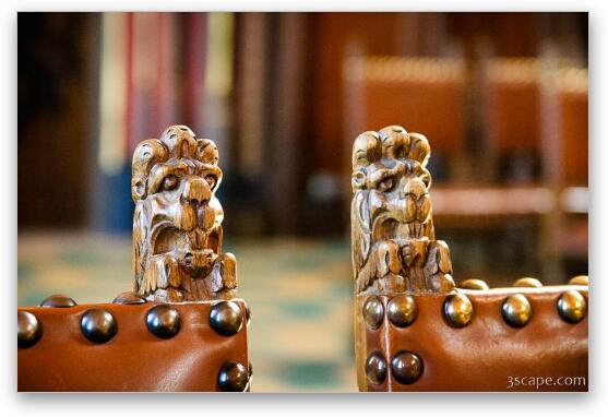 Lion heads on the chair posts Fine Art Metal Print