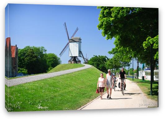 Pathway along the old moat, and four original windmills Fine Art Canvas Print