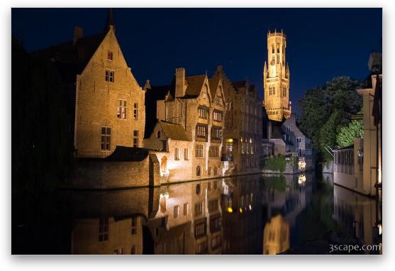 Medieval buildings and Belfry reflecting in the River Dijver Fine Art Print