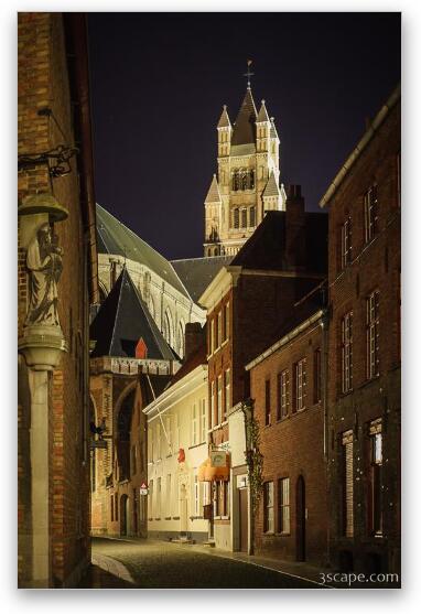 Narrow illuminated street and St Saviour Cathedral Fine Art Metal Print