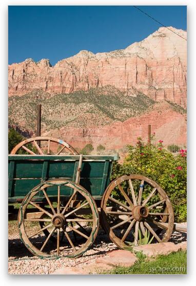 Wagon and Zion's red rock Fine Art Metal Print
