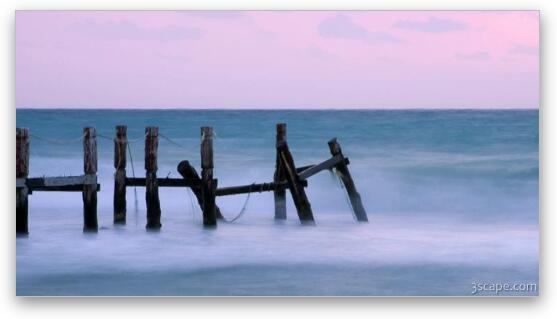 Morning waves at the destroyed dock Fine Art Print