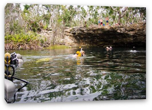 Swimmers and divers at Garden of Eden Cenote Fine Art Canvas Print