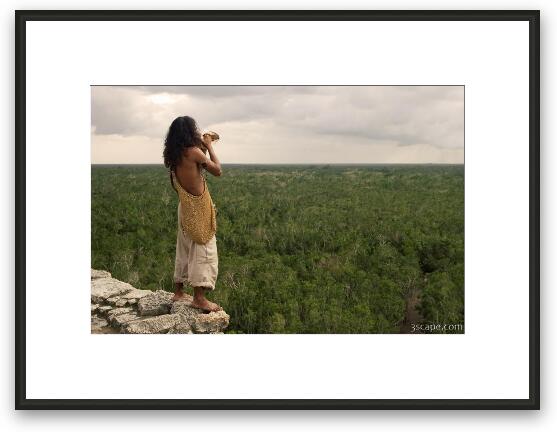 Local musician blowing a conch shell horn for really long time Framed Fine Art Print