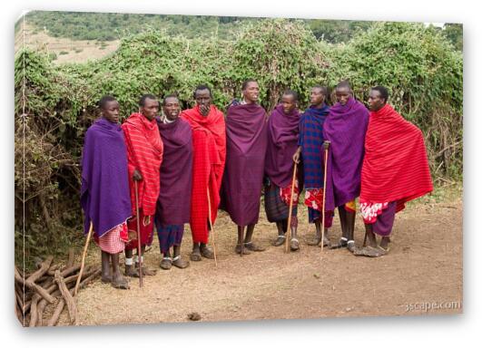 Group of Maasai men prepping for a welcome song and dance Fine Art Canvas Print