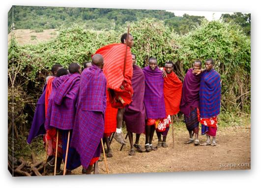 Maasai men performing a welcome dance Fine Art Canvas Print