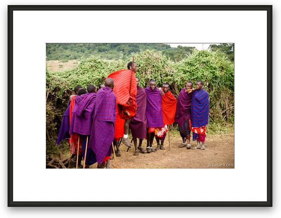 Maasai men performing a welcome dance Framed Fine Art Print