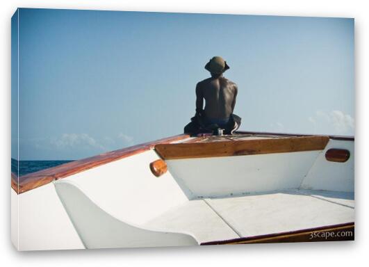 Dive master riding on the front of our bouncing boat Fine Art Canvas Print