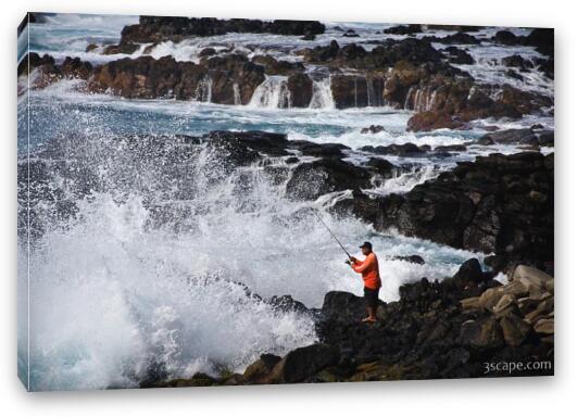 Fisherman and powerful surf near Honolua Fine Art Canvas Print