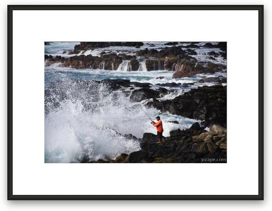 Fisherman and powerful surf near Honolua Framed Fine Art Print
