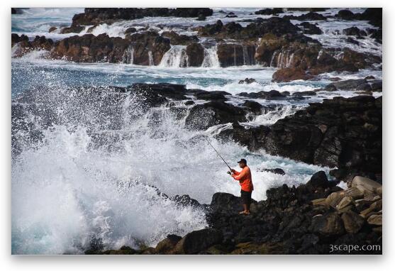 Fisherman and powerful surf near Honolua Fine Art Metal Print