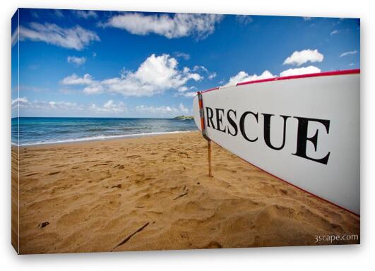 Rescue surfboard for lifeguard at DT Fleming Beach Park Fine Art Canvas Print