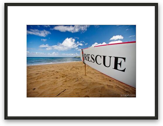 Rescue surfboard for lifeguard at DT Fleming Beach Park Framed Fine Art Print