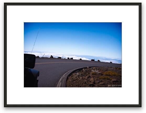 Road with no guard rail, high above the clouds Framed Fine Art Print