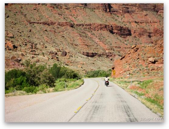 Motorcycle riding in canyon country Fine Art Metal Print