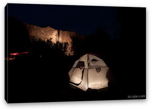 Night shot of camp site with illuminated canyon walls Fine Art Canvas Print