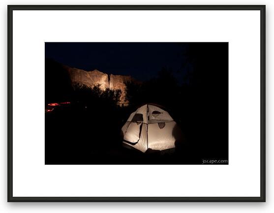 Night shot of camp site with illuminated canyon walls Framed Fine Art Print