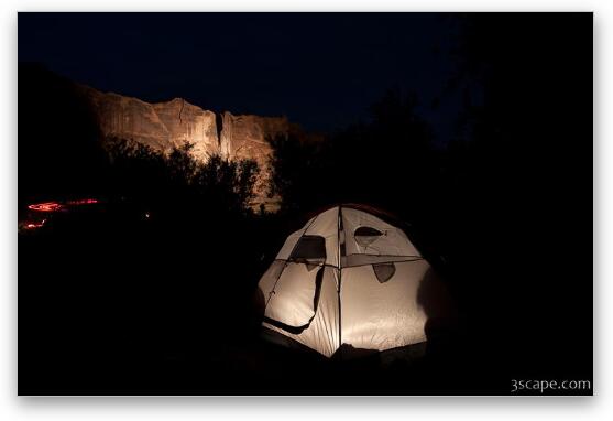 Night shot of camp site with illuminated canyon walls Fine Art Print