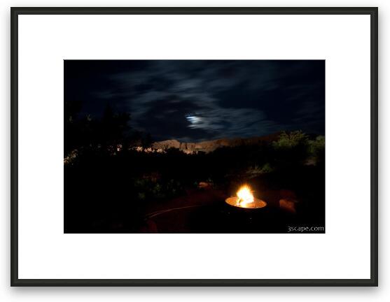Night shot of camp site with illuminated canyon walls Framed Fine Art Print