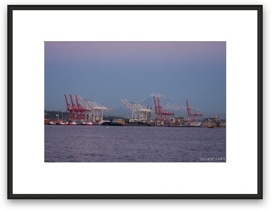 Port of Seattle with Mount Rainier at dusk Framed Fine Art Print