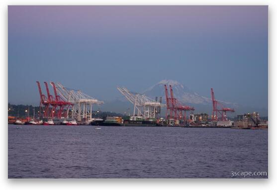 Port of Seattle with Mount Rainier at dusk Fine Art Print