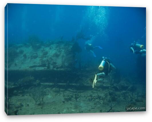 Divers around the wreck Fine Art Canvas Print