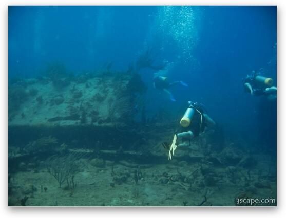 Divers around the wreck Fine Art Metal Print