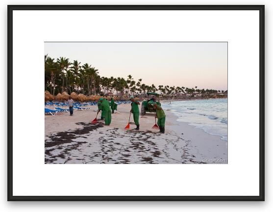 Resort workers cleaning seaweed off the beach Framed Fine Art Print