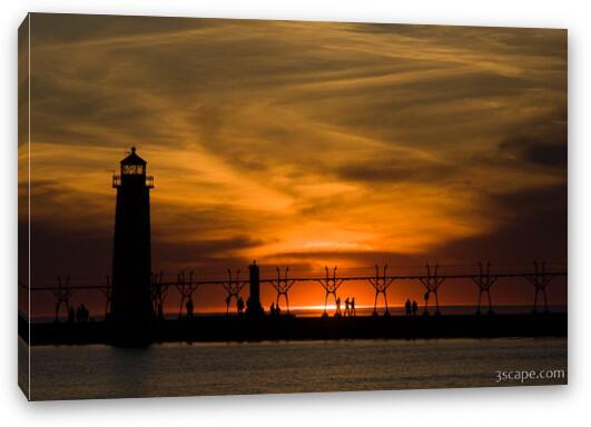 Sunset at Grand Haven pier and lighthouse Fine Art Canvas Print
