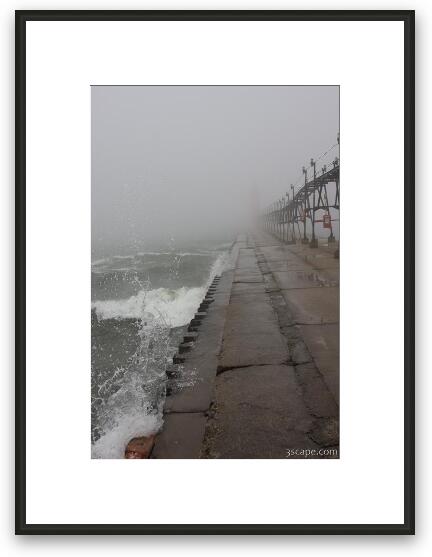 Pier in fog and waves Framed Fine Art Print