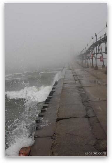 Pier in fog and waves Fine Art Print